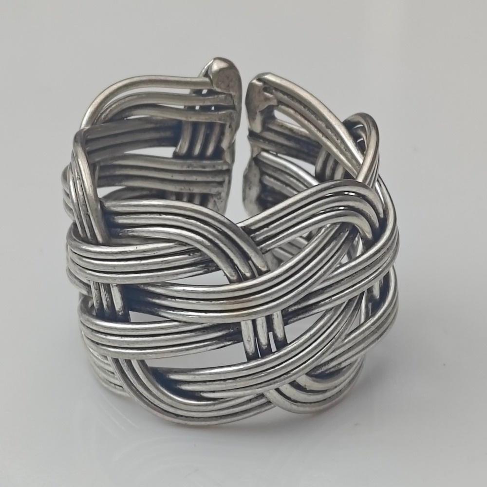 Artisan Silver Tone Woven Basketweave Metal Ring Wide Band Adjustable Size 10.5